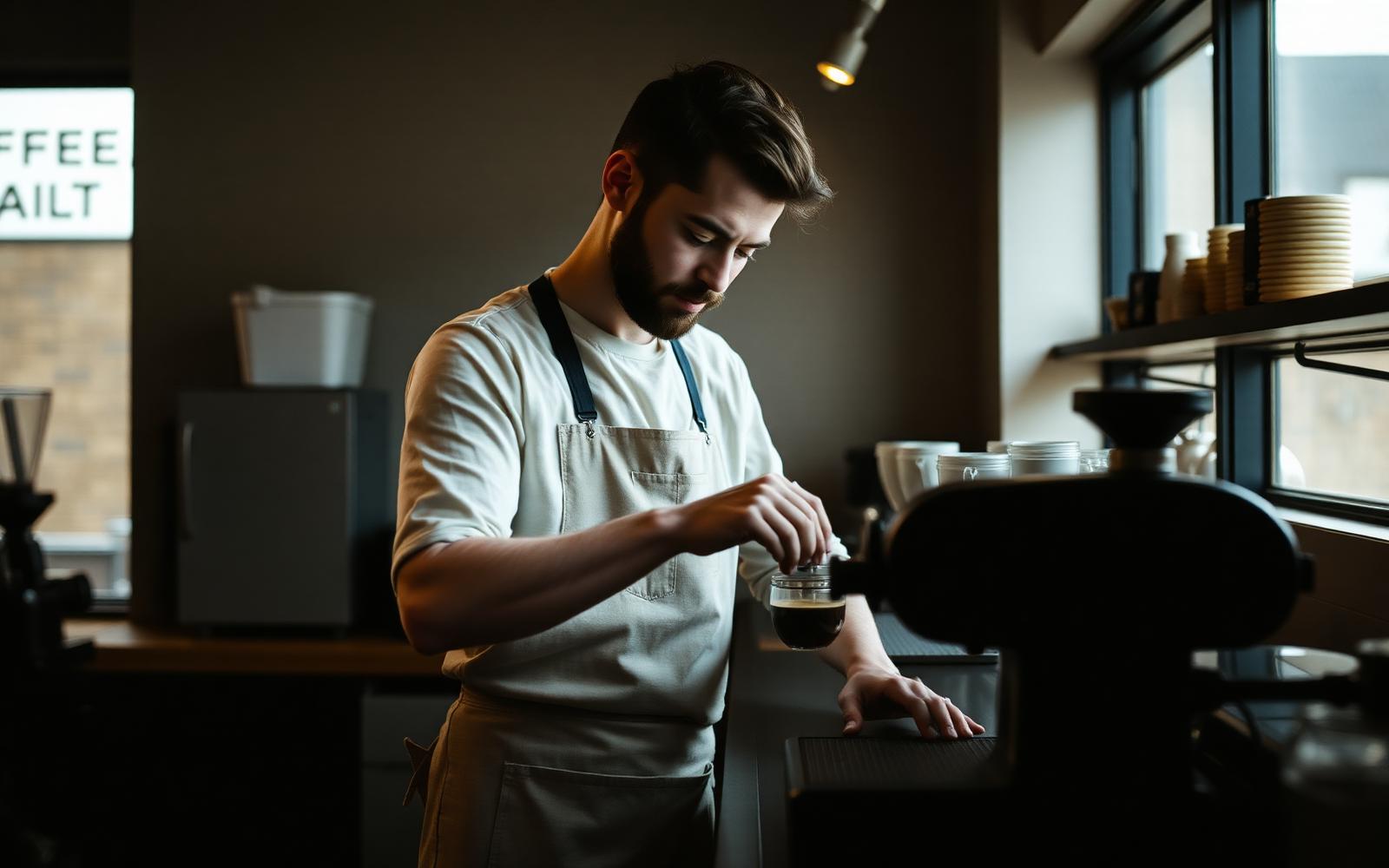 Barista tamping espresso in a minimalist coffee lab