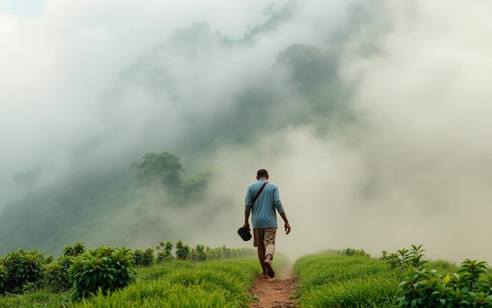 A coffee farmer walking through misty Ethiopian highland
