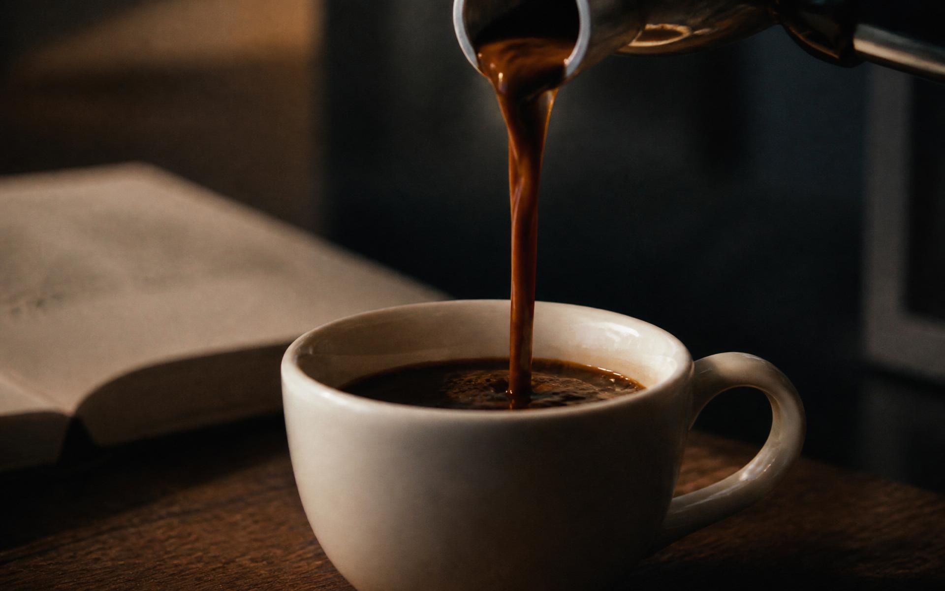 Coffee being poured slowly into a ceramic cup