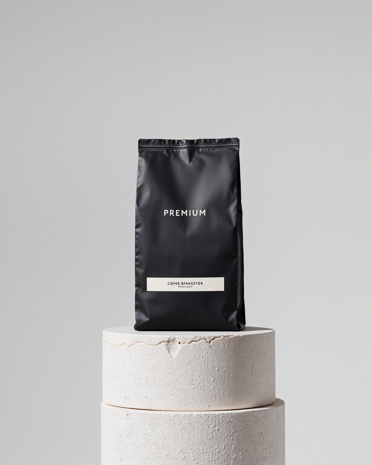 Matte black premium coffee bag on stone plinth