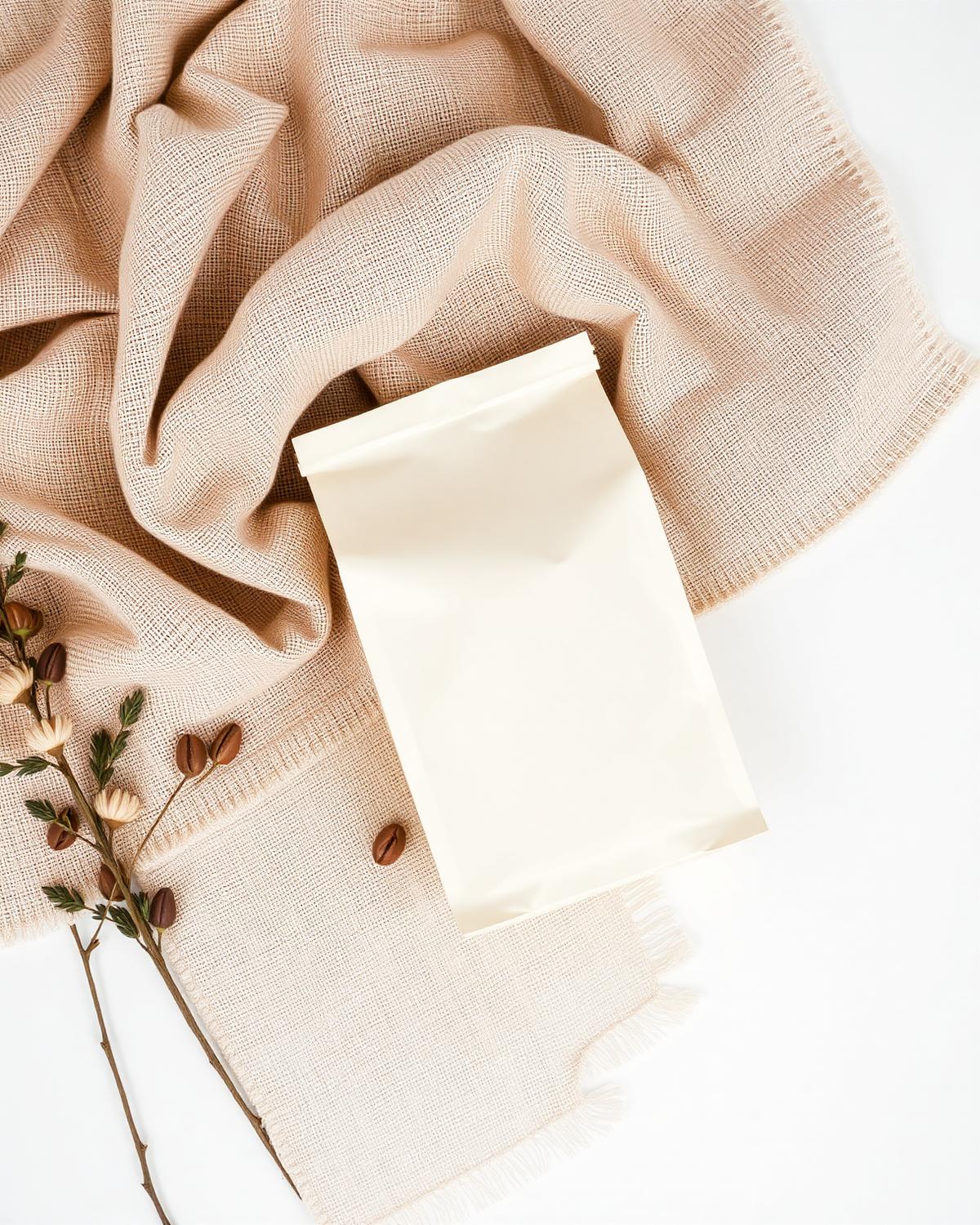 Cream premium coffee packaging on linen