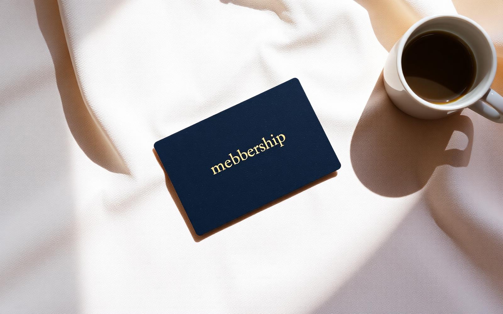 A navy membership card on cream linen